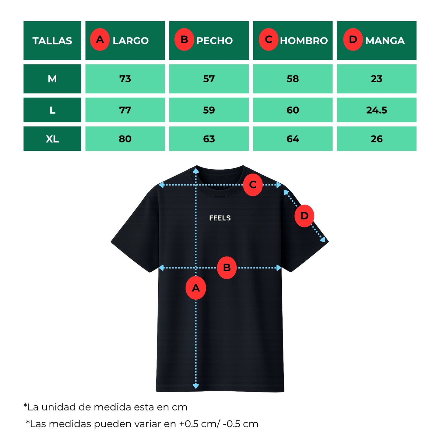 Tabla de tallas polera oversize negra Smaragdus - Feels