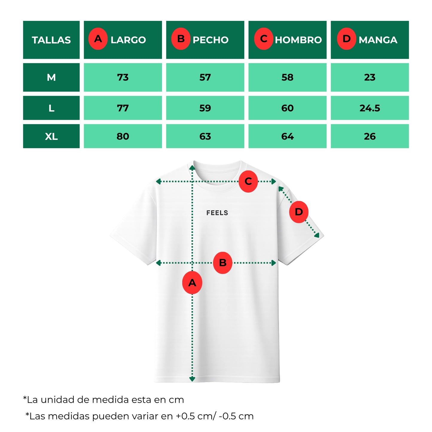 Tabla de tallas polera oversize blanca Smaragdus - Feels