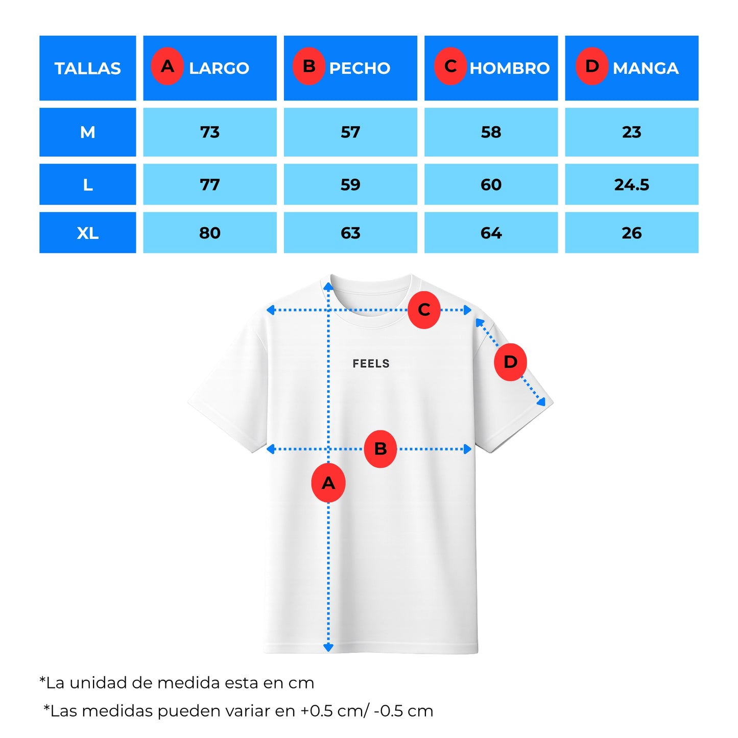 Tabla de tallas polera oversize blanca Sapphirus - Feels