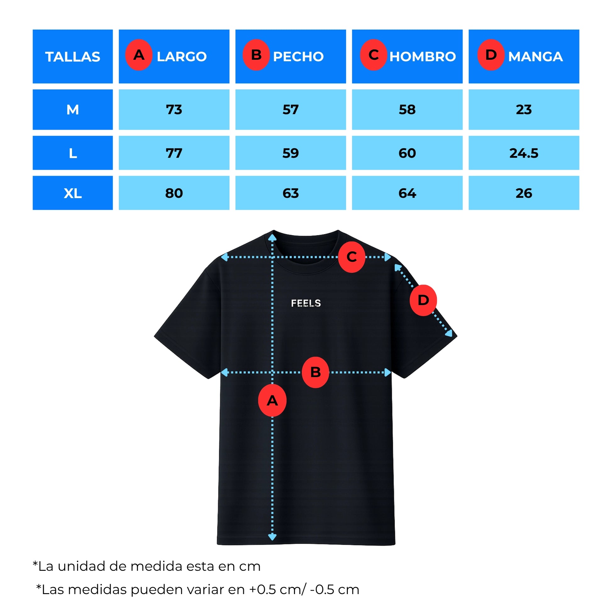 Tabla de tallas polera oversize negra Sapphirus - Feels